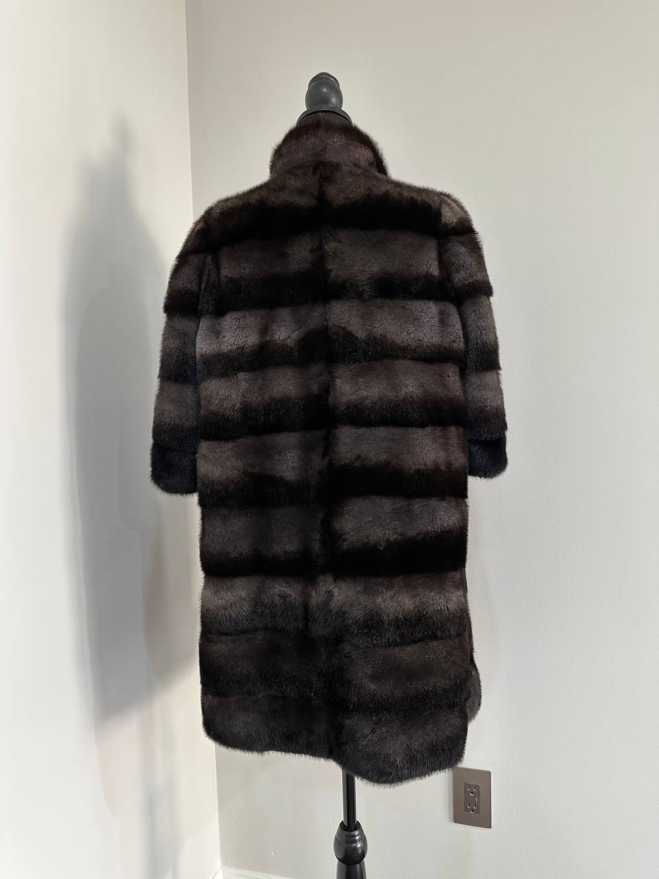 Noir Amethyst Real Genuine Mink Fur Coat with Violet-Black Striped shize L 1201125