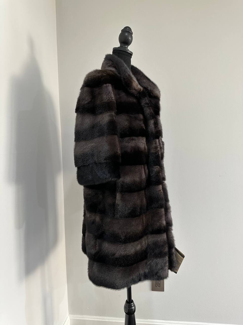 Noir Amethyst Real Genuine Mink Fur Coat with Violet-Black Striped shize L 1201125