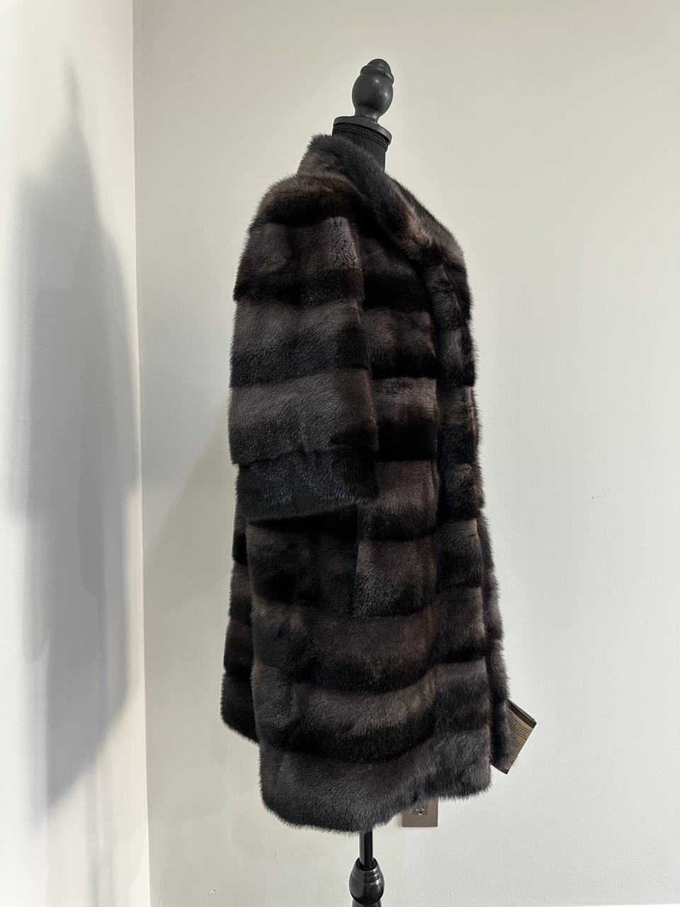 Noir Amethyst Real Genuine Mink Fur Coat with Violet-Black Striped shize L 1201125