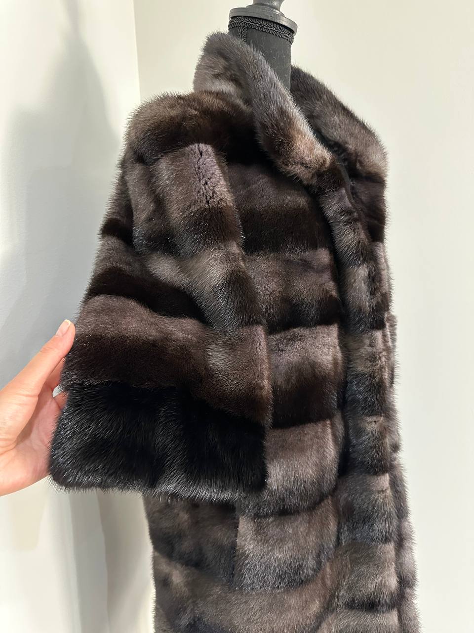 Noir Amethyst Real Genuine Mink Fur Coat with Violet-Black Striped shize L 1201125