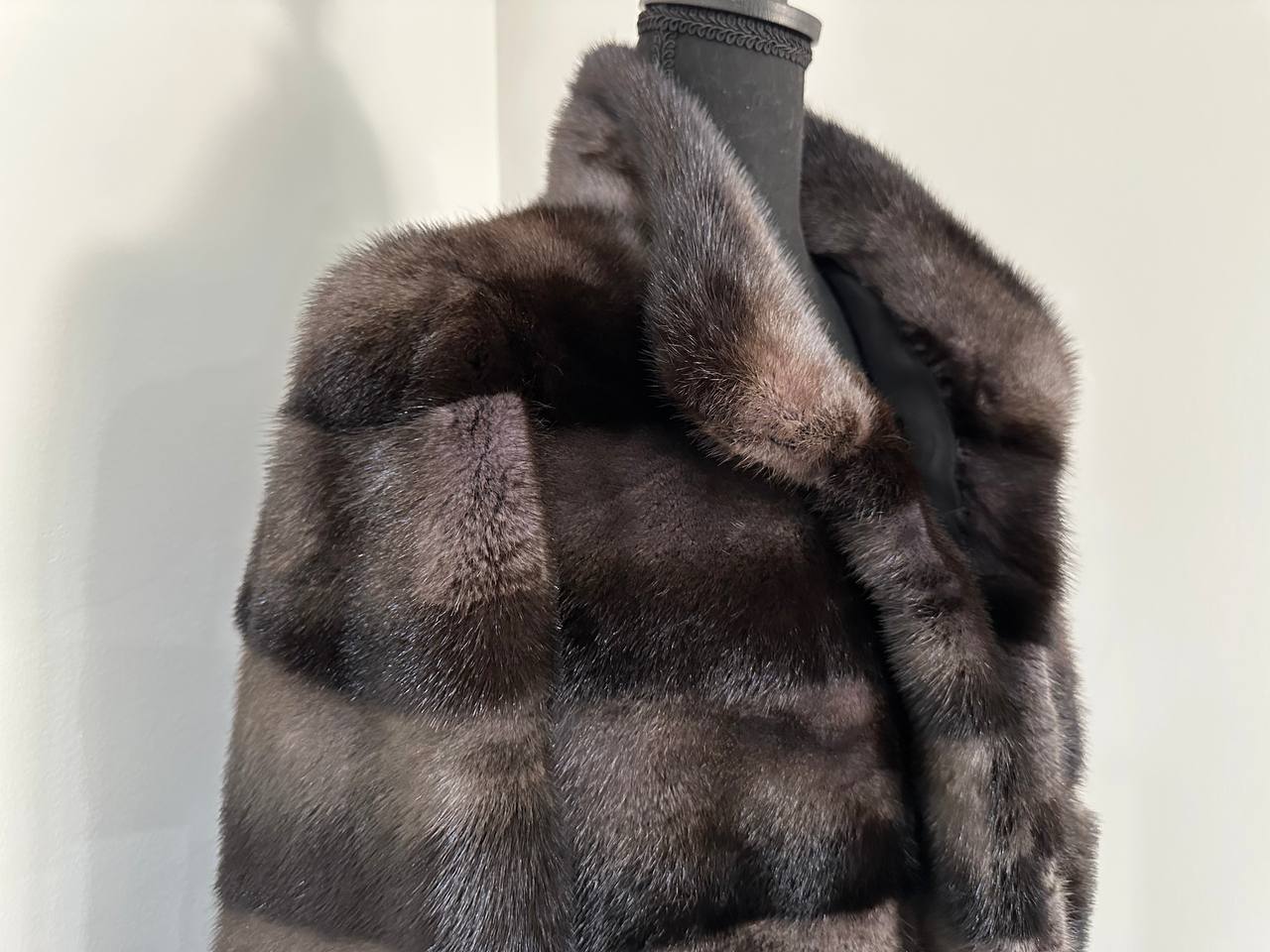 Noir Amethyst Real Genuine Mink Fur Coat with Violet-Black Striped shize L 1201125