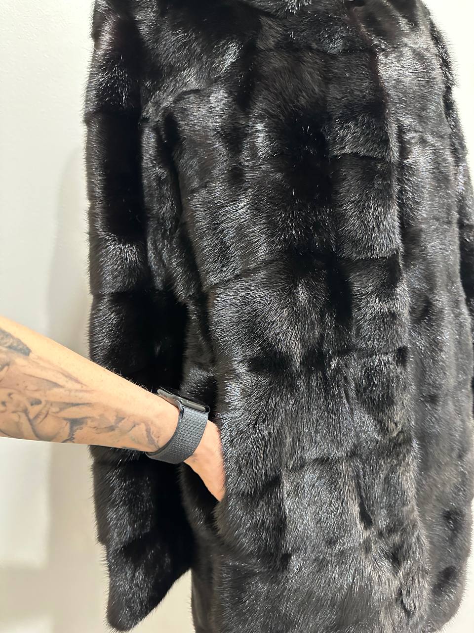 NEW REAL MINK FUR coat size L LARGE 1201116 HORIZONTAL long sleeve jacket BLACK