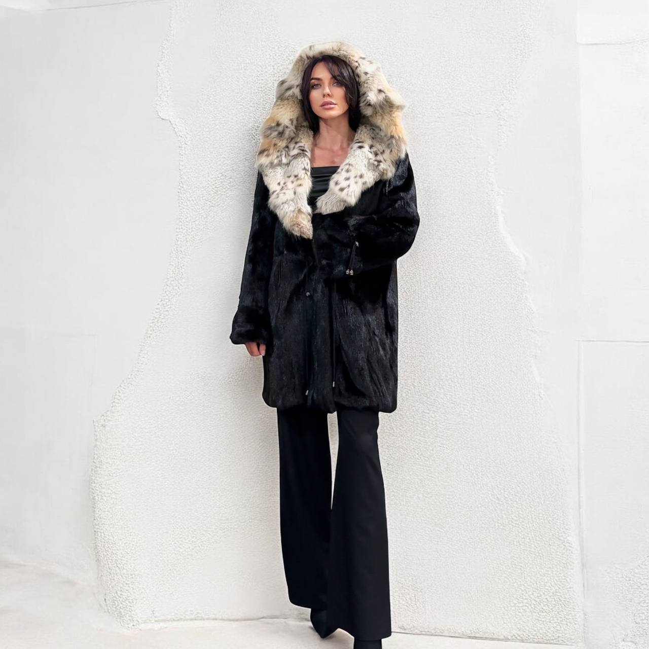 NEW Natural Real Dark Brown Black Mink M size Coat Natural Lynx Hooded 1201140