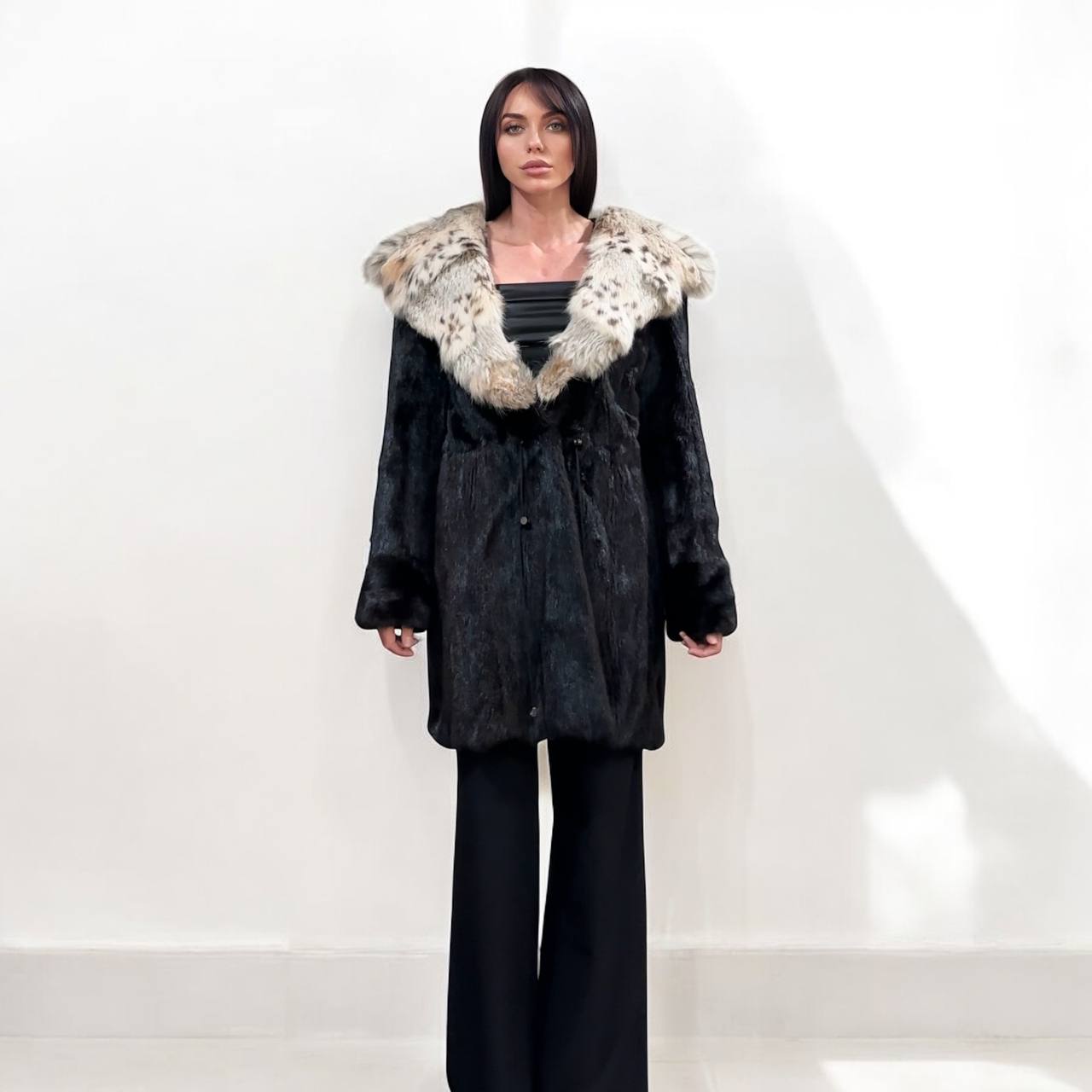 NEW Natural Real Dark Brown Black Mink M size Coat Natural Lynx Hooded 1201140