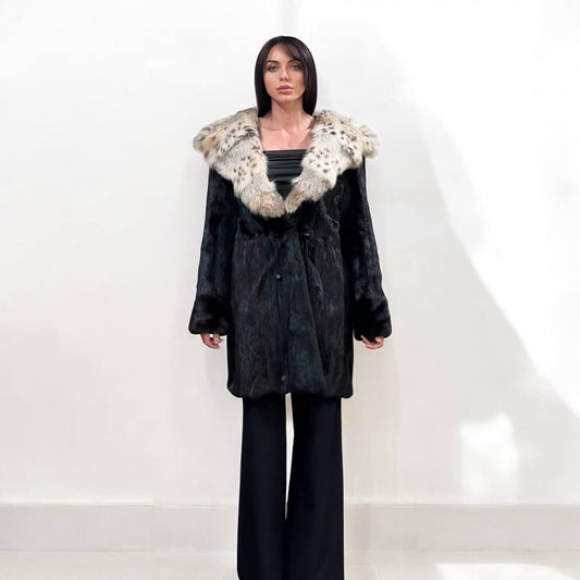 NEW Natural Real Dark Brown Black Mink M size Coat Natural Lynx Hooded 1201140