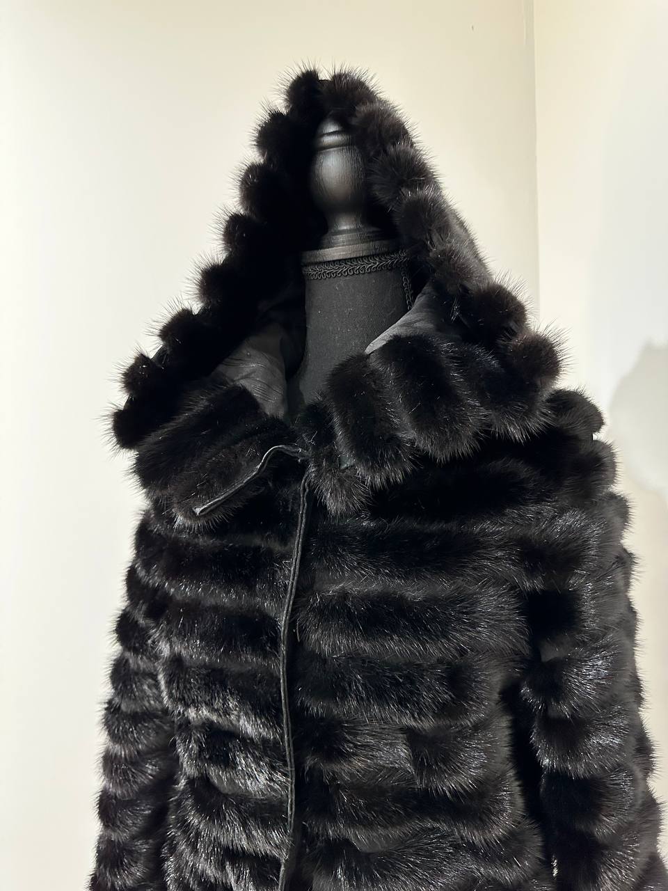 NEW REAL MINK FUR coat size 2XS 1201119 HORIZONTAL long sleeve jacket BLACK women
