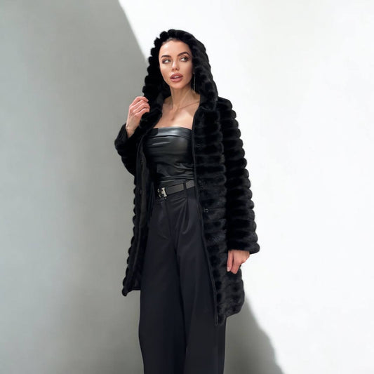 NEW REAL MINK FUR coat size 2XS 1201119 HORIZONTAL long sleeve jacket BLACK women