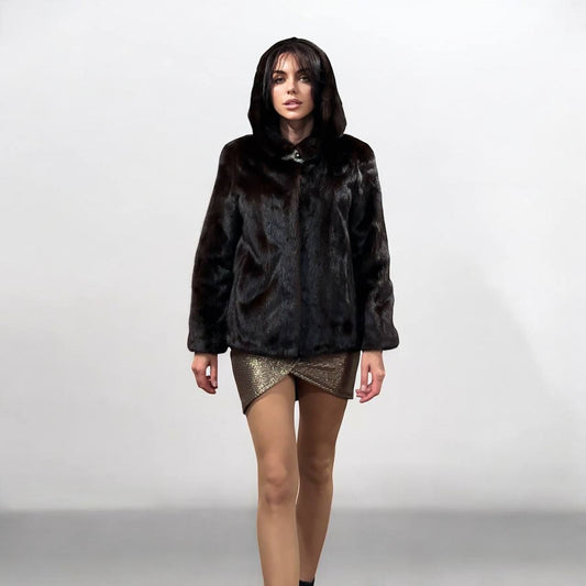 Real 100% MINK FUR 1201072 size S brown HOODED BOMBER Coat Jacket