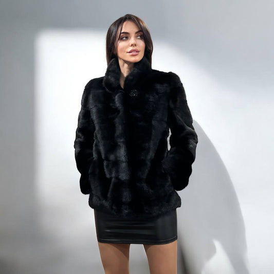 REAL Mink FUR jacket coat GENUINE 1201075 BLACK size S NEW Luxury SLEEVE detachabl