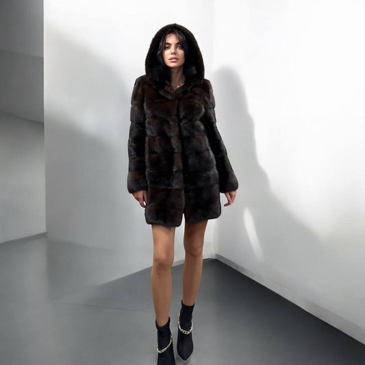 NEW REAL MINK FUR coat size XS SMALL 1201071 HORIZONTAL long sleeve jacket BROWN