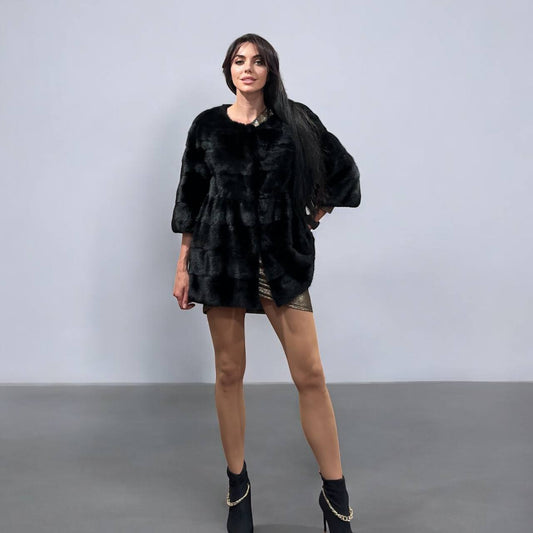 REAL Mink FUR jacket SHORT SLEEVE coat GENUINE 1201070 BLACK size S NEW Luxury