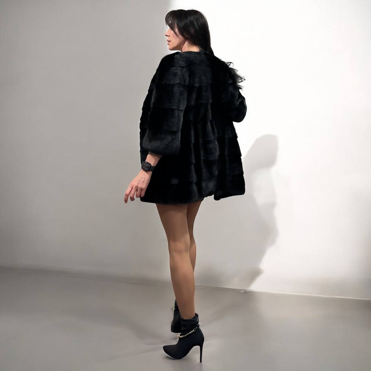 REAL Mink FUR jacket SHORT SLEEVE coat GENUINE 1201070 BLACK size S NEW Luxury