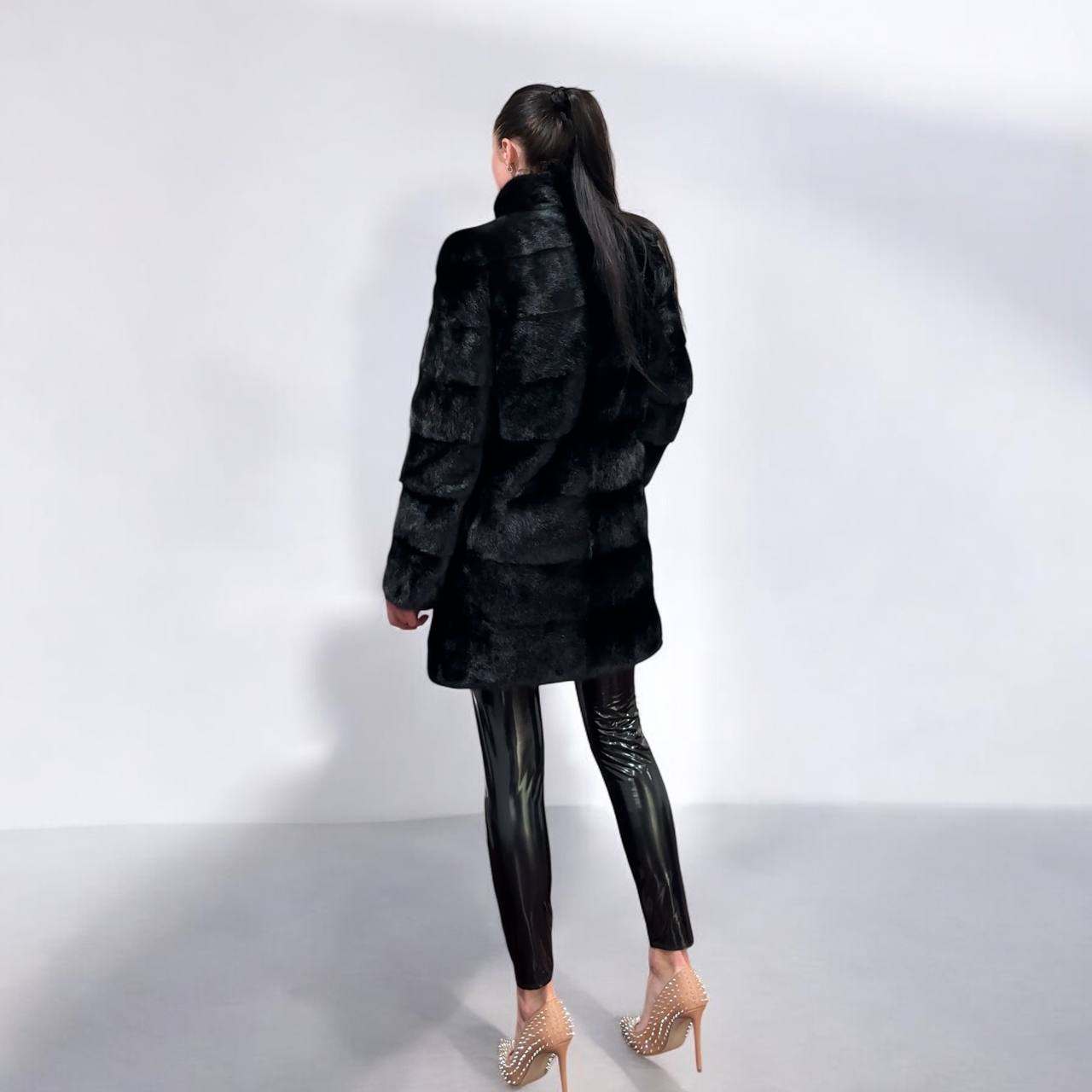 NEW REAL MINK FUR coat size M 1201121 HORIZONTAL long sleeve jacket BLACK