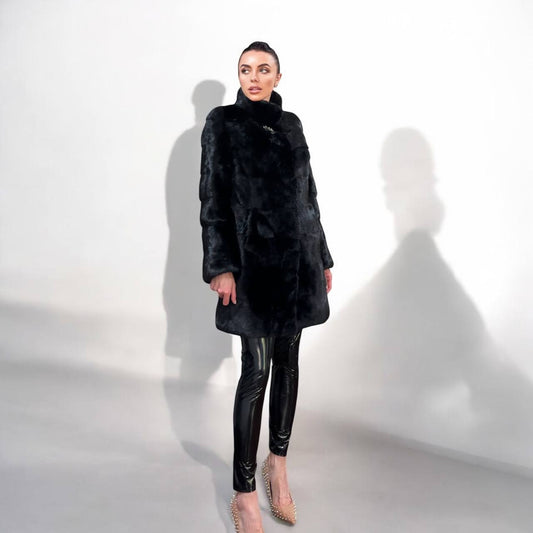 NEW REAL MINK FUR coat size M 1201121 HORIZONTAL long sleeve jacket BLACK