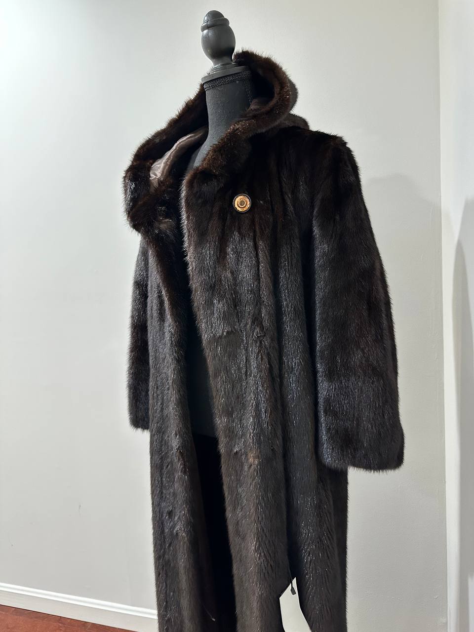 REAL HOODED Long Mahogany GENUINE REAL Mink FUR Coat 1201044 size XL