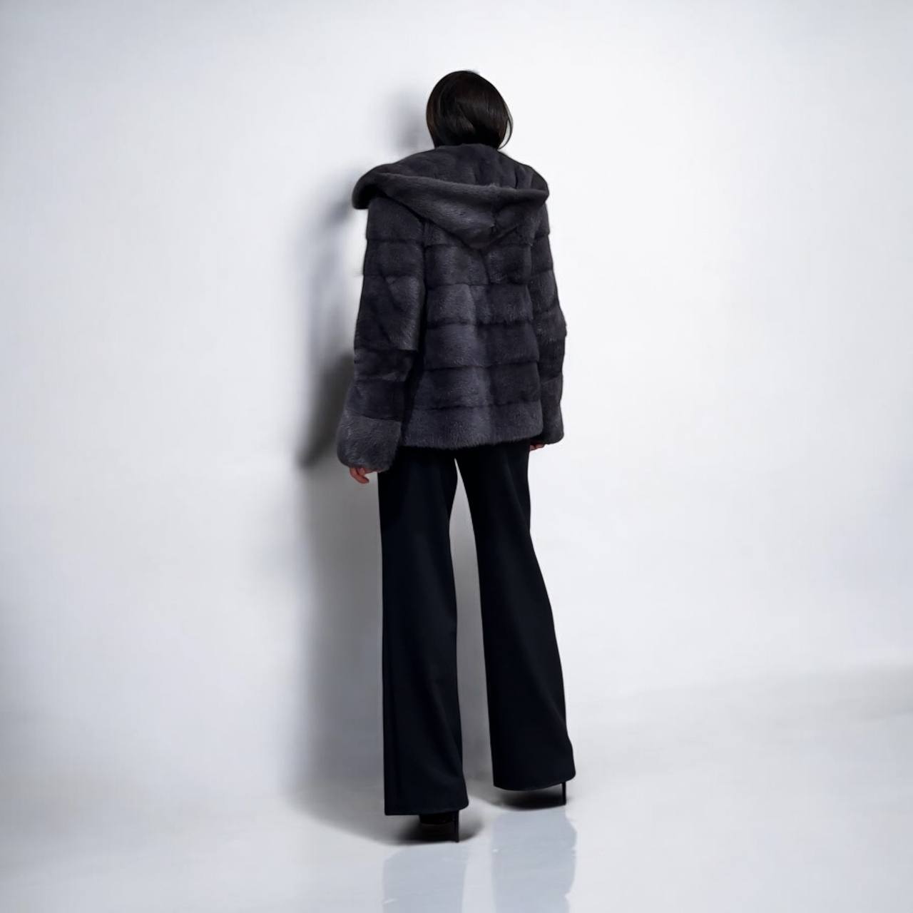New HOODED MINK 100% FUR BOMBER coat JACKET size S DARK VIOLET FULL SKIN 1201124