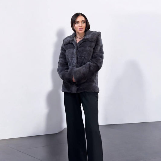 New HOODED MINK 100% FUR BOMBER coat JACKET size S DARK VIOLET FULL SKIN 1201124