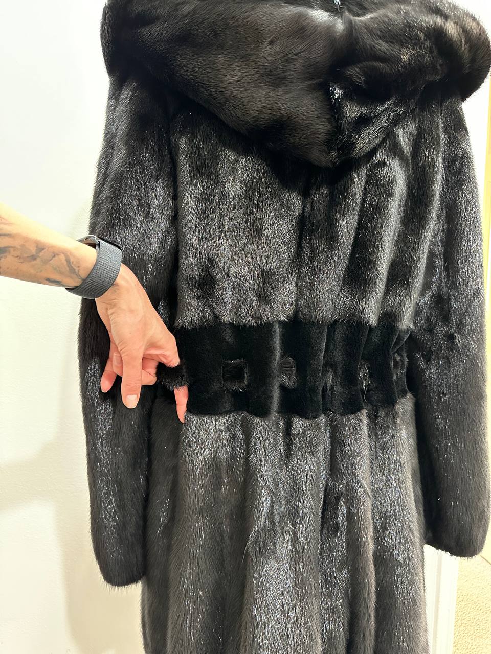 NEW REAL MINK FUR coat size S BELTED HOODED 1201123 long sleeve jacket BLACK