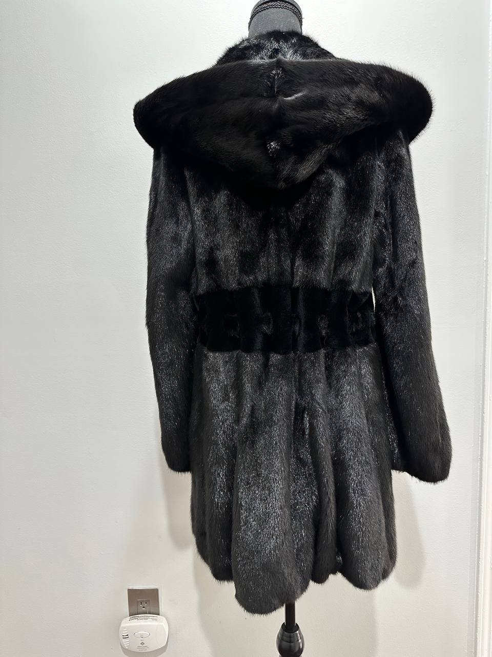 NEW REAL MINK FUR coat size S BELTED HOODED 1201123 long sleeve jacket BLACK