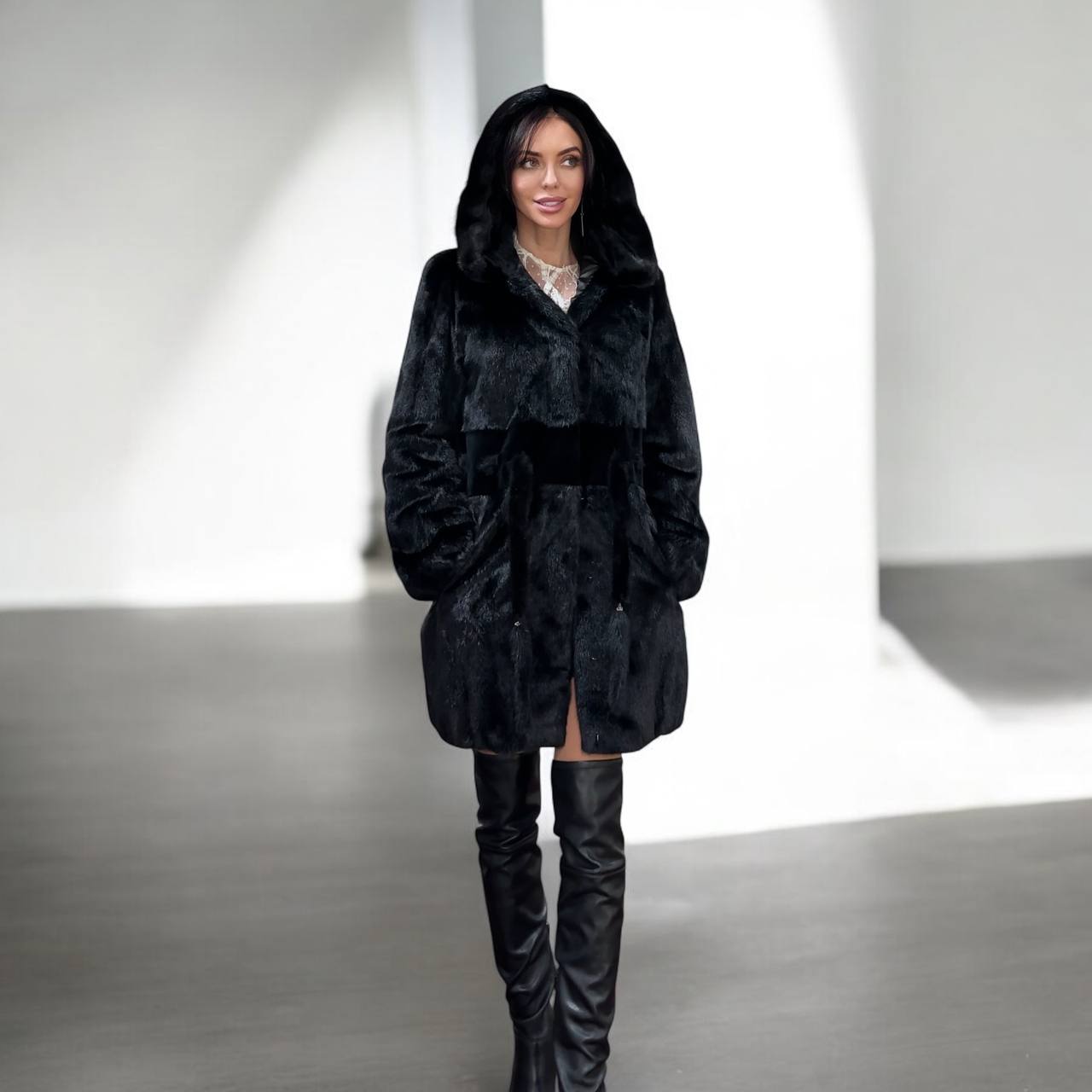 NEW REAL MINK FUR coat size S BELTED HOODED 1201123 long sleeve jacket BLACK