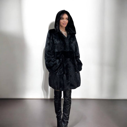 NEW REAL MINK FUR coat size S BELTED HOODED 1201123 long sleeve jacket BLACK