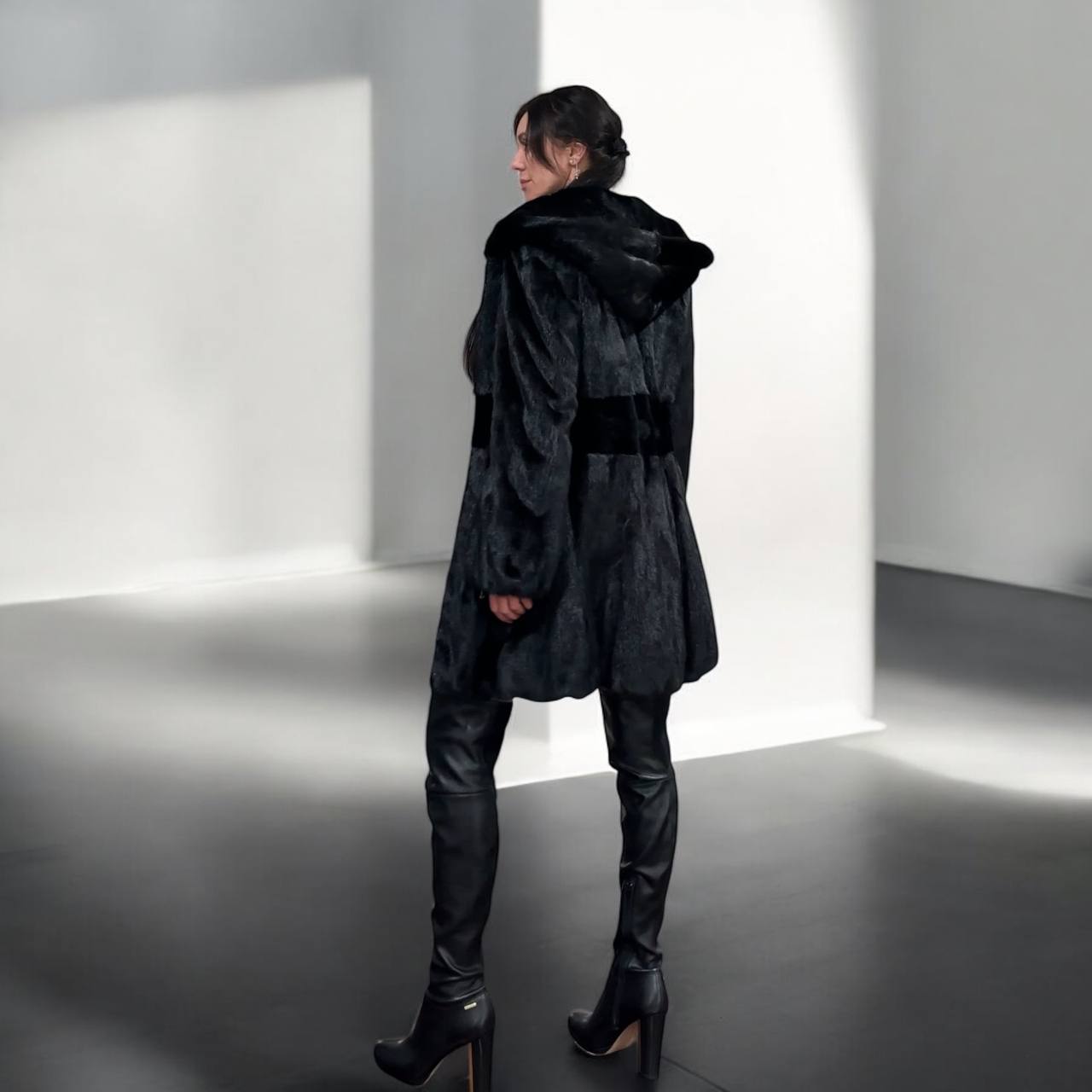 NEW REAL MINK FUR coat size S BELTED HOODED 1201123 long sleeve jacket BLACK