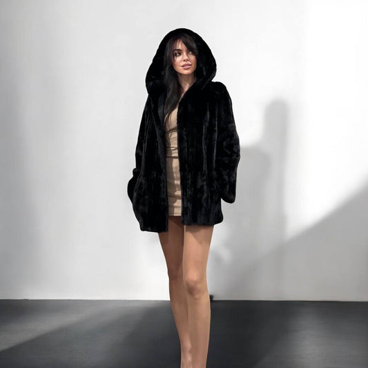 Luxury Womens Real MINK FUR 1201126 size M BLACK Coat Hooded Jacket