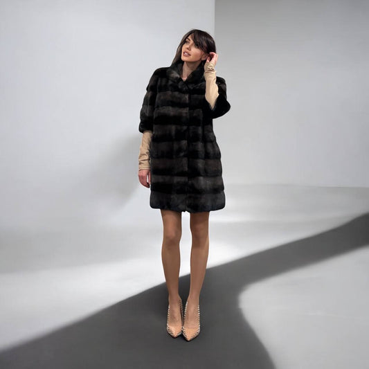 Noir Amethyst Real Genuine Mink Fur Coat with Violet-Black Striped shize L 1201125