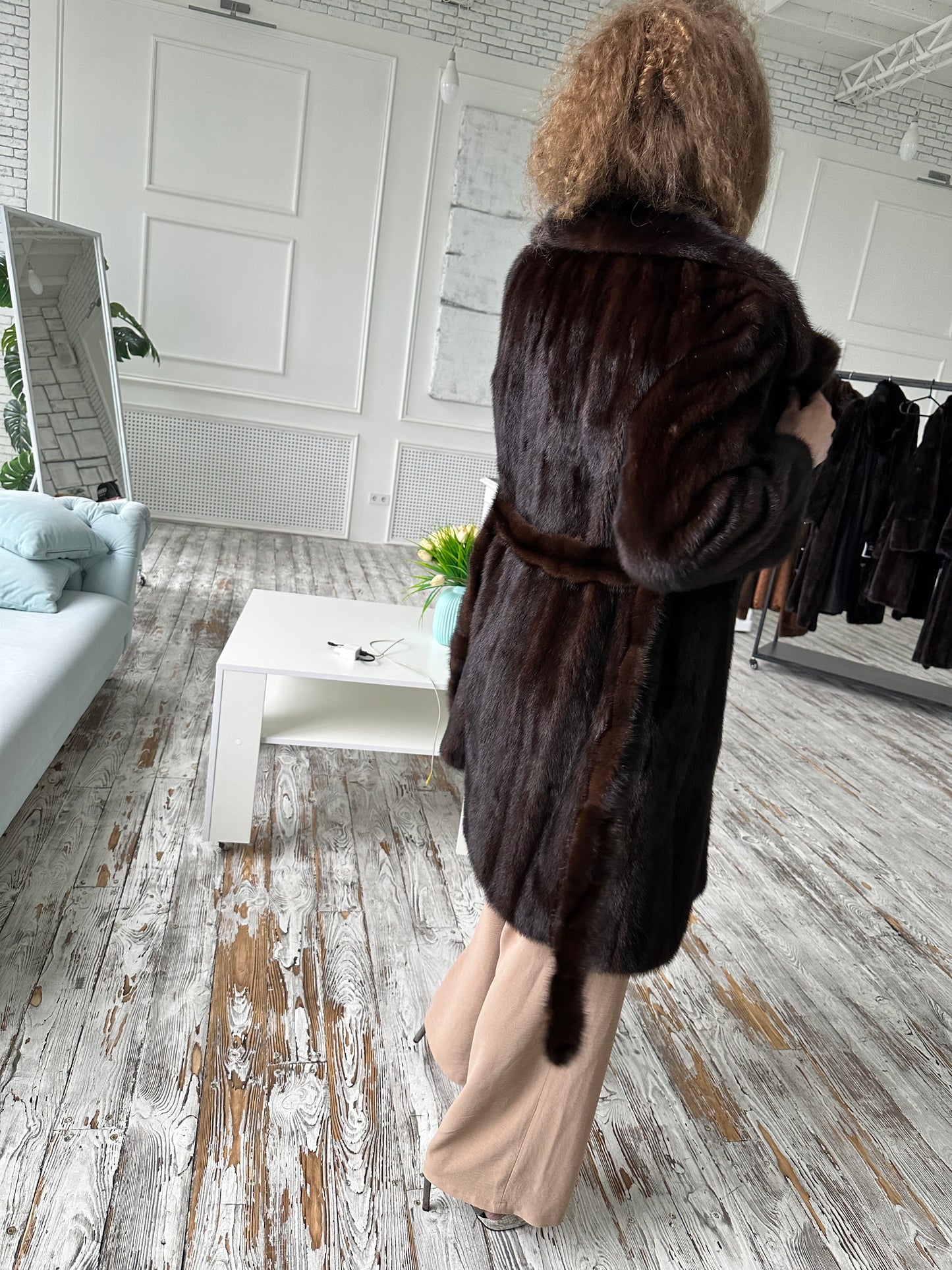 Women Real GENUINE Mink Fur coat belted brown chocolate size S NEW 1109935 FURSTAR