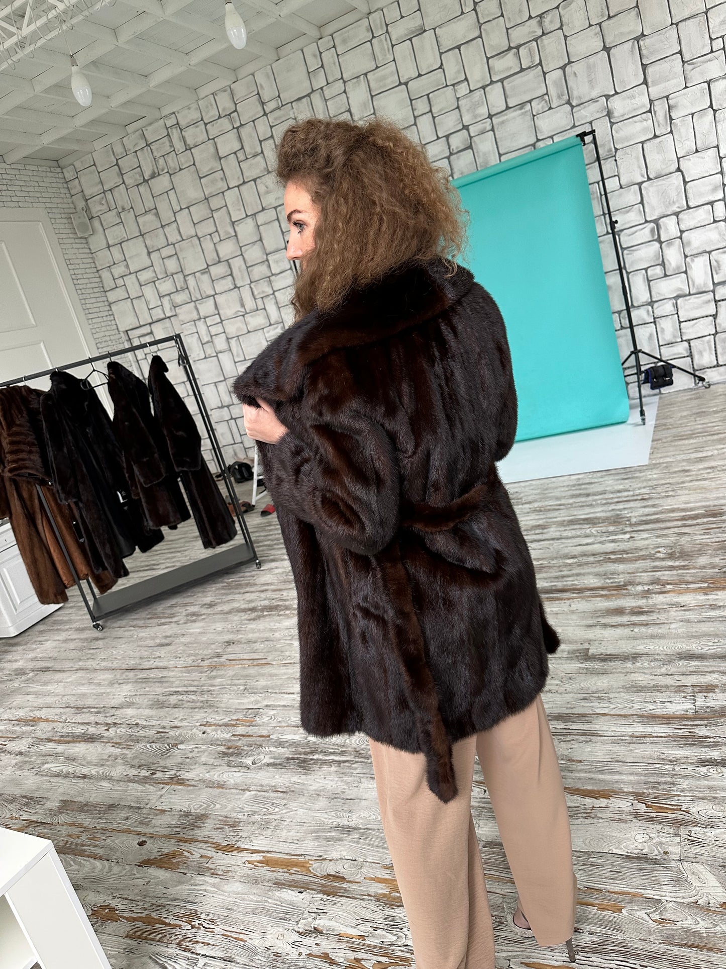 Women Real GENUINE Mink Fur coat belted brown chocolate size S NEW 1109935 FURSTAR