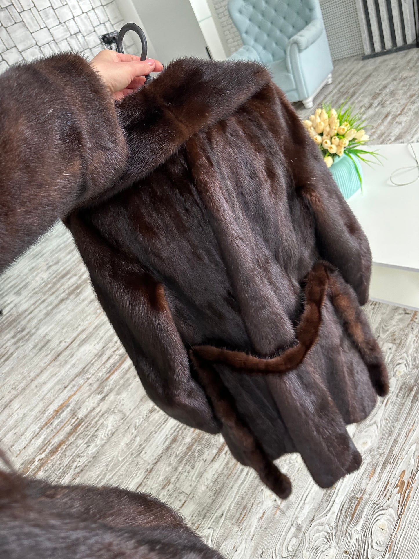 Women Real GENUINE Mink Fur coat belted brown chocolate size S NEW 1109935 FURSTAR