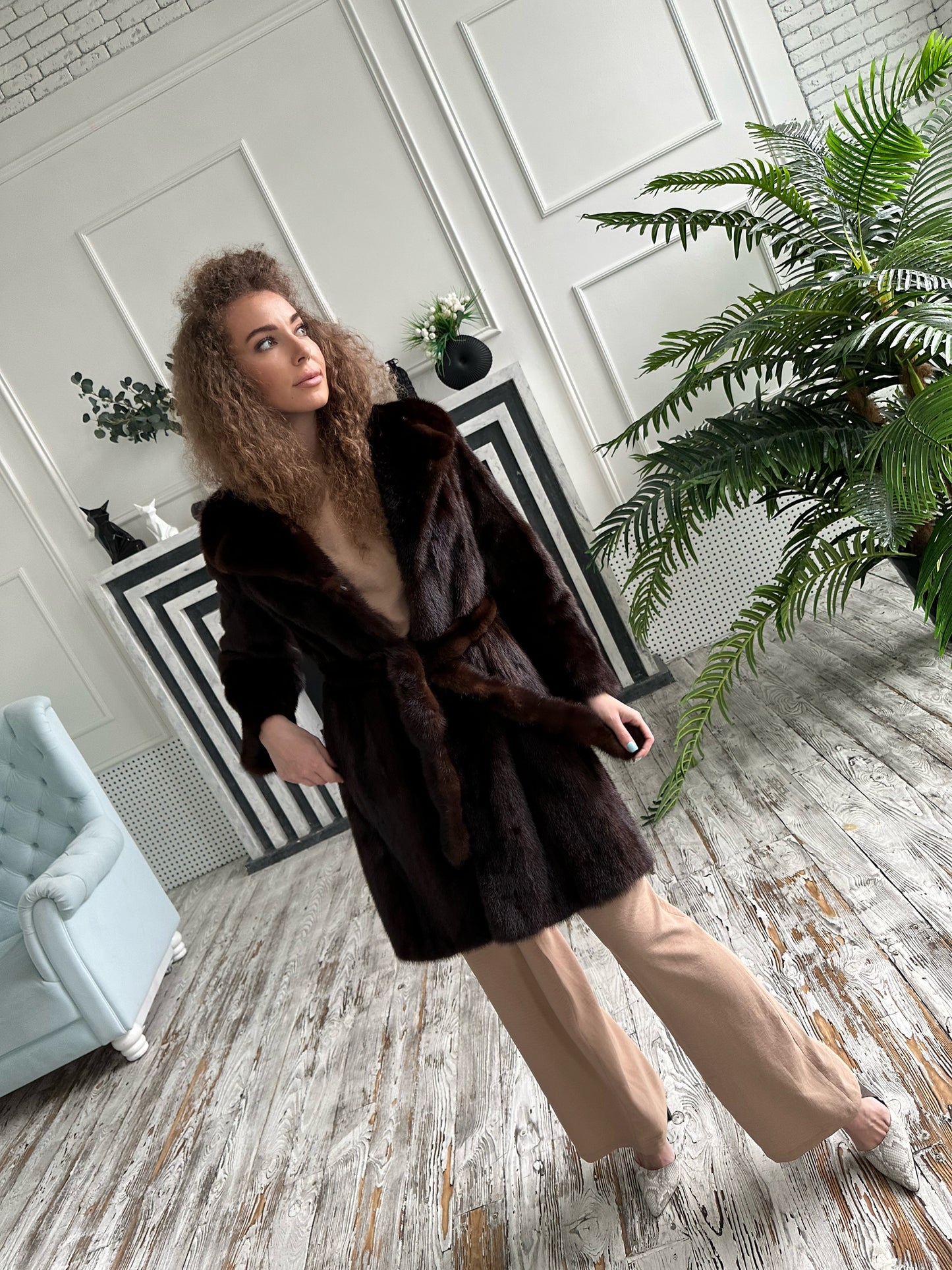 Women Real GENUINE Mink Fur coat belted brown chocolate size S NEW 1109935 FURSTAR