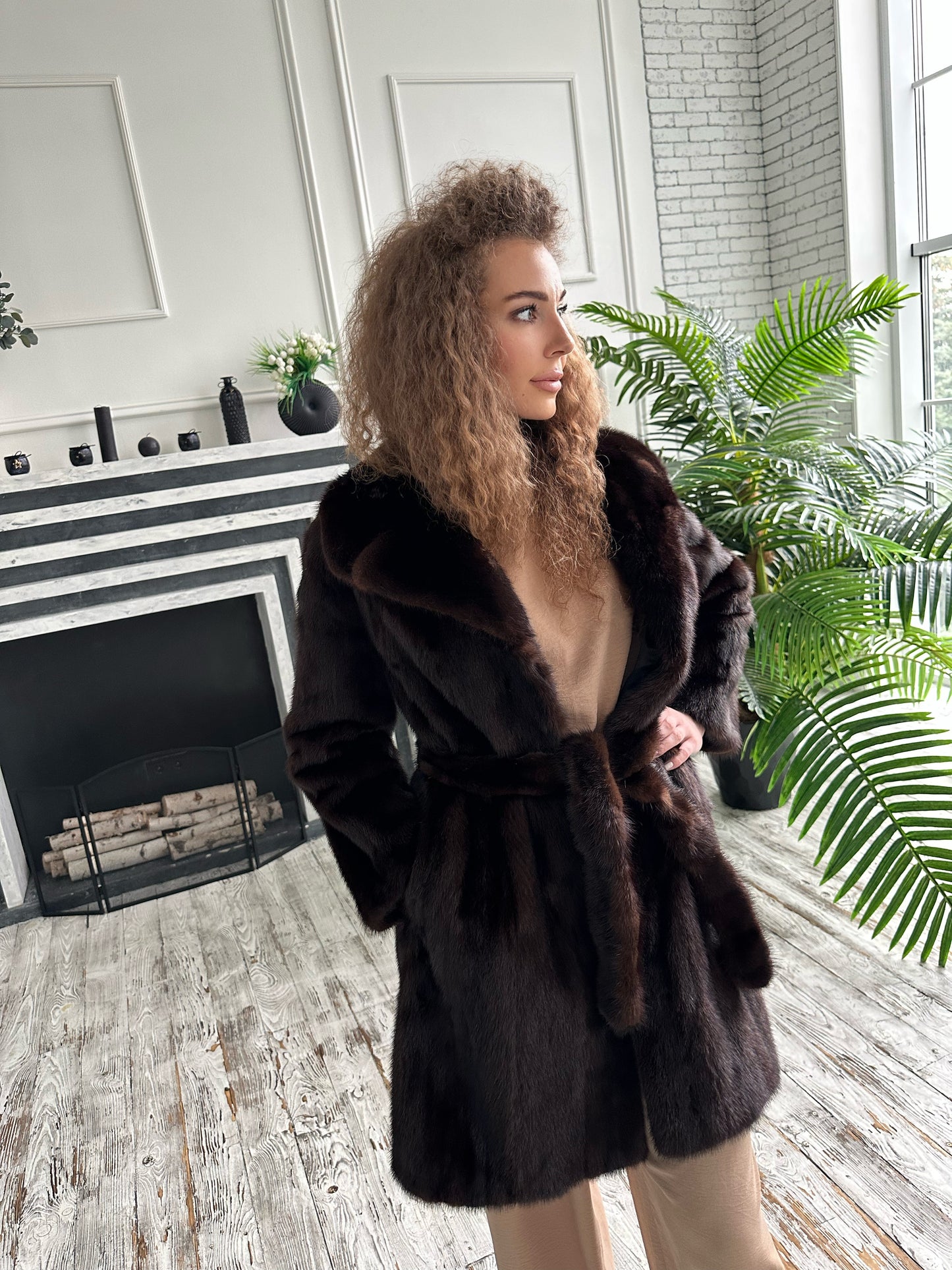 Women Real GENUINE Mink Fur coat belted brown chocolate size S NEW 1109935 FURSTAR
