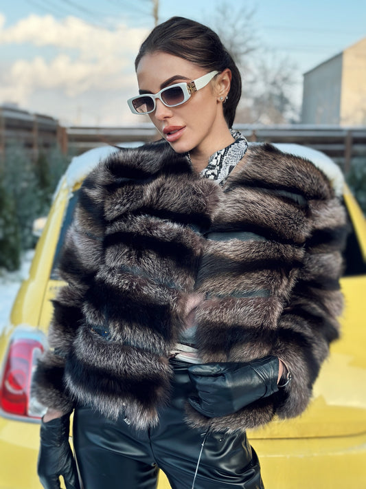 New Real raccoon Fur SHORT BOMBER Coat Size XL 1109833 HORIZONTAL STYLE