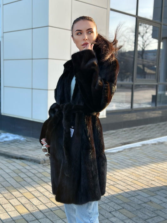 genuine real mink fur coat jacket 1109898 size L new dark brown color