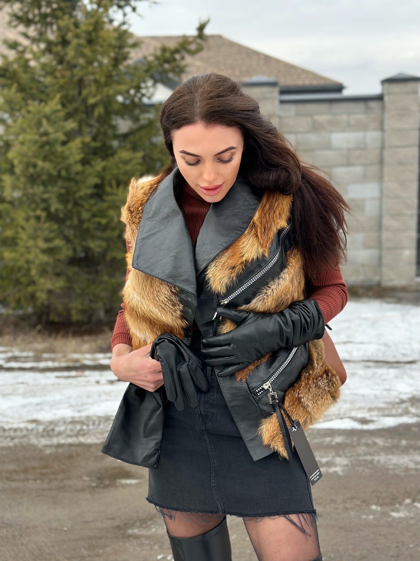 REAL genuine FOX fur women vest L SIZE LEATHER 1109903 WITHOUT SLEEVES