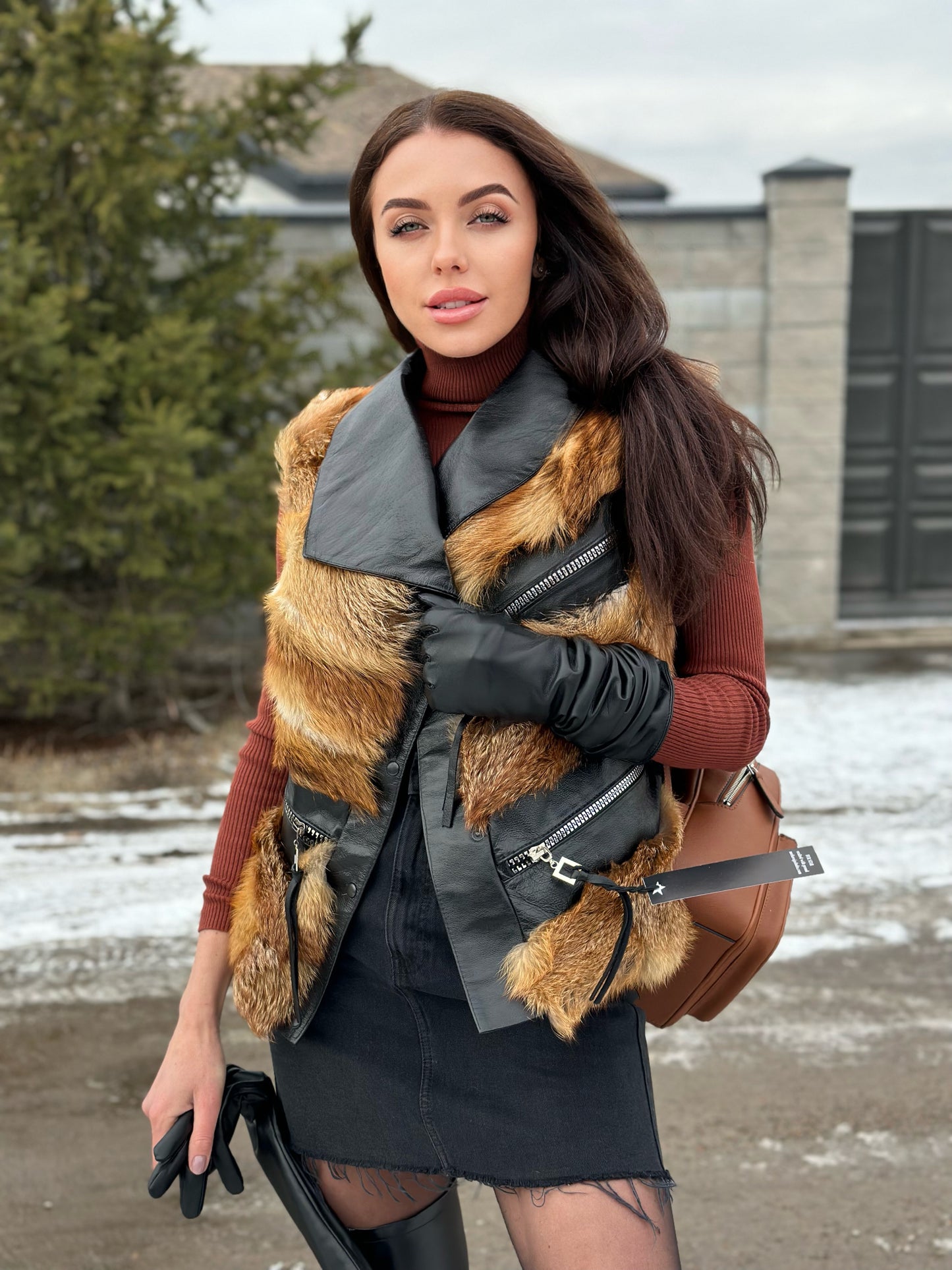 REAL genuine FOX fur women vest L SIZE LEATHER 1109903 WITHOUT SLEEVES