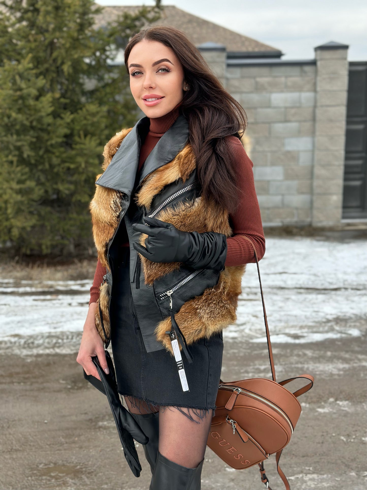 REAL genuine FOX fur women vest L SIZE LEATHER 1109903 WITHOUT SLEEVES