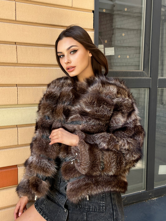 Real raccoon 100% Fur SHORT BOMBER Coat Size L 1109838 HORIZONTAL STYLE