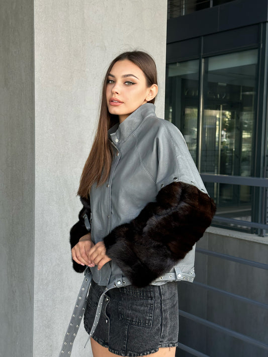 GENUINE REAL Mink Fur gray Sheep Leather Biker Jacket Women SIZE M 1109941