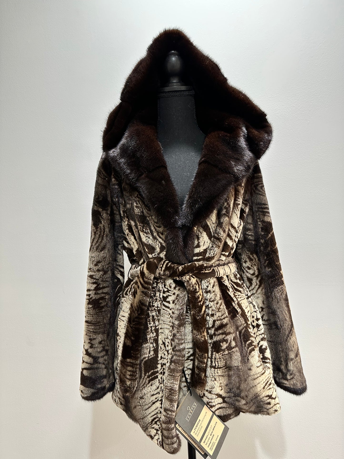 New women Real Natural Luxurious Sheared Mink Fur Coat with Hood 1201087 size M belt