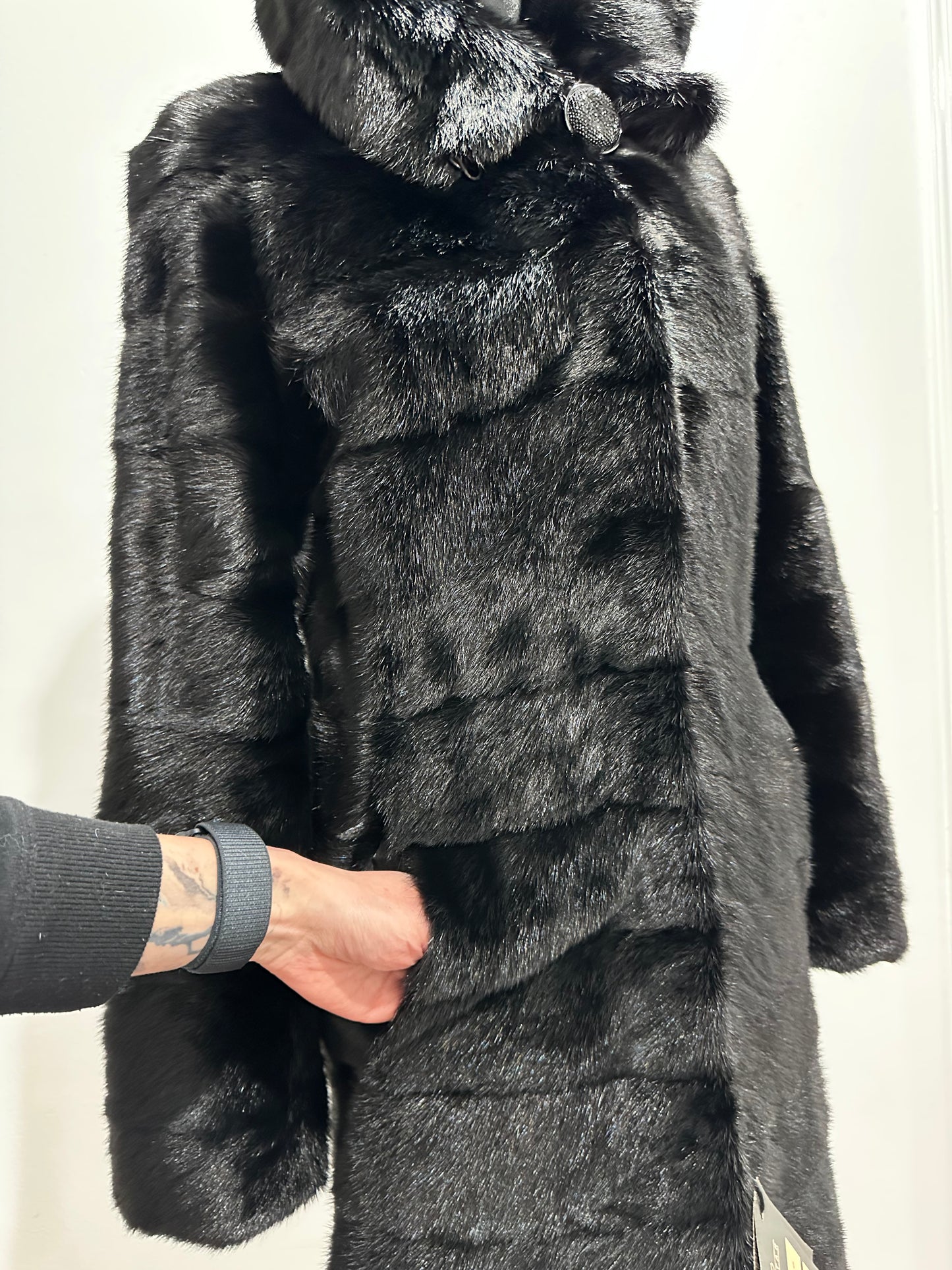 NEW REAL MINK FUR coat size XXS 1201088 HORIZONTAL long sleeve jacket BLACK