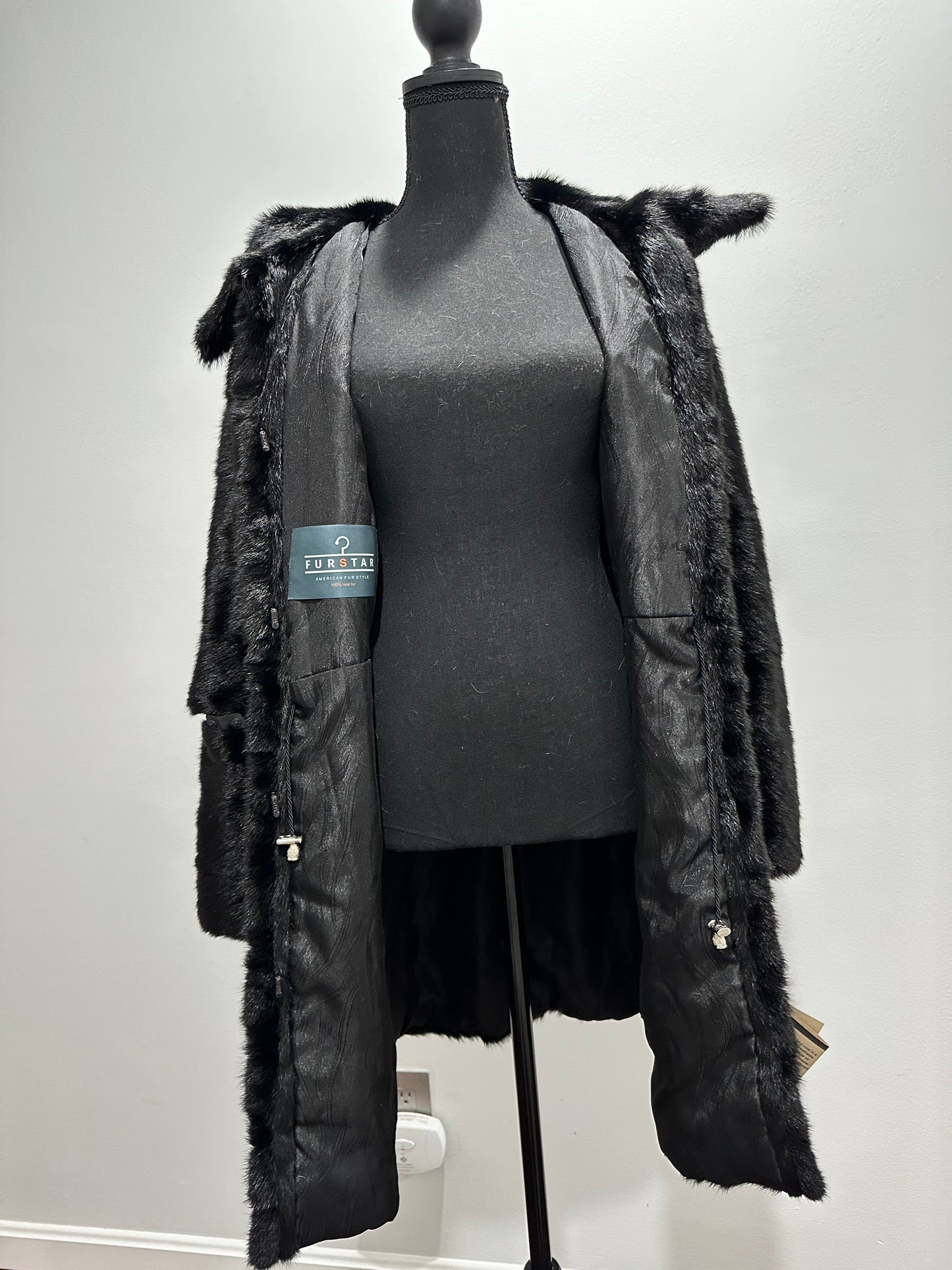 NEW REAL MINK FUR coat size XXS 1201088 HORIZONTAL long sleeve jacket BLACK