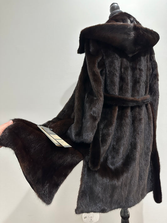 NEW REAL MINK FUR coat size M BELTED HOODED 1201104 long sleeve jacket BROWN