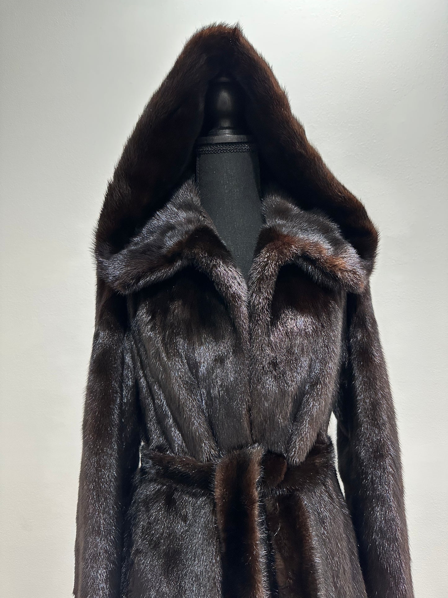 NEW REAL MINK FUR coat size M BELTED HOODED 1201104 long sleeve jacket BROWN