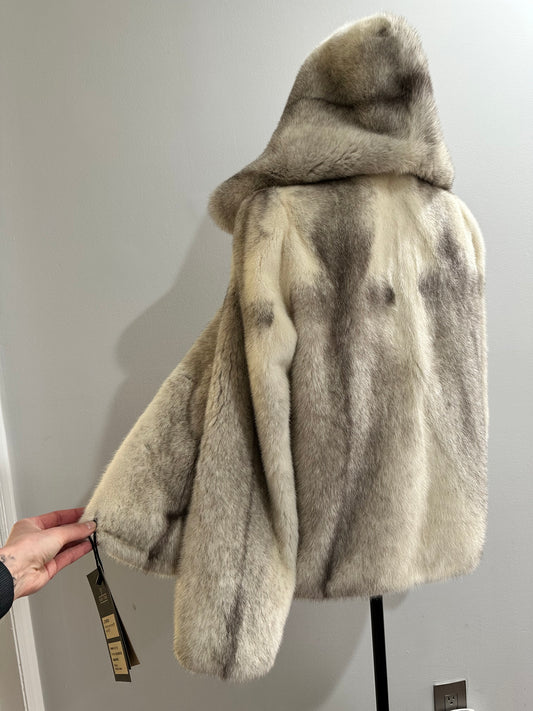 REAL CROSS MINK FUR women coat size S NEW 1201109 GENUINE FURS HOODED BOMBER