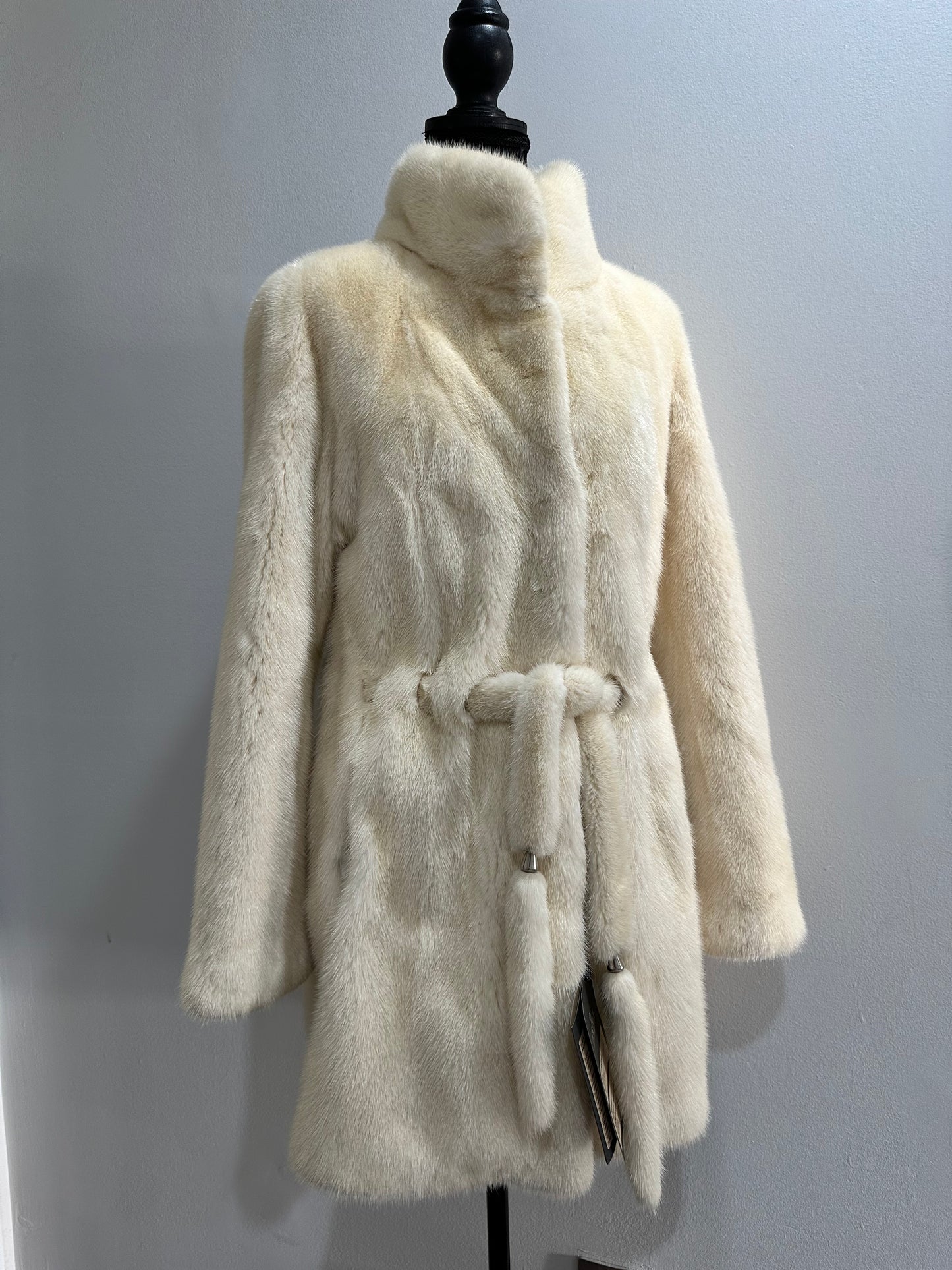 Luxury Womens Real 100% Mink FUR IVORY genuine coat BELTED 1201113 size S NEW