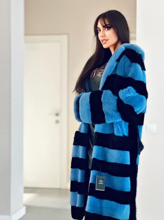 New Real MINK FUR Genuine Natural Coat Jacket BLUE Black SIZE L women 1109648