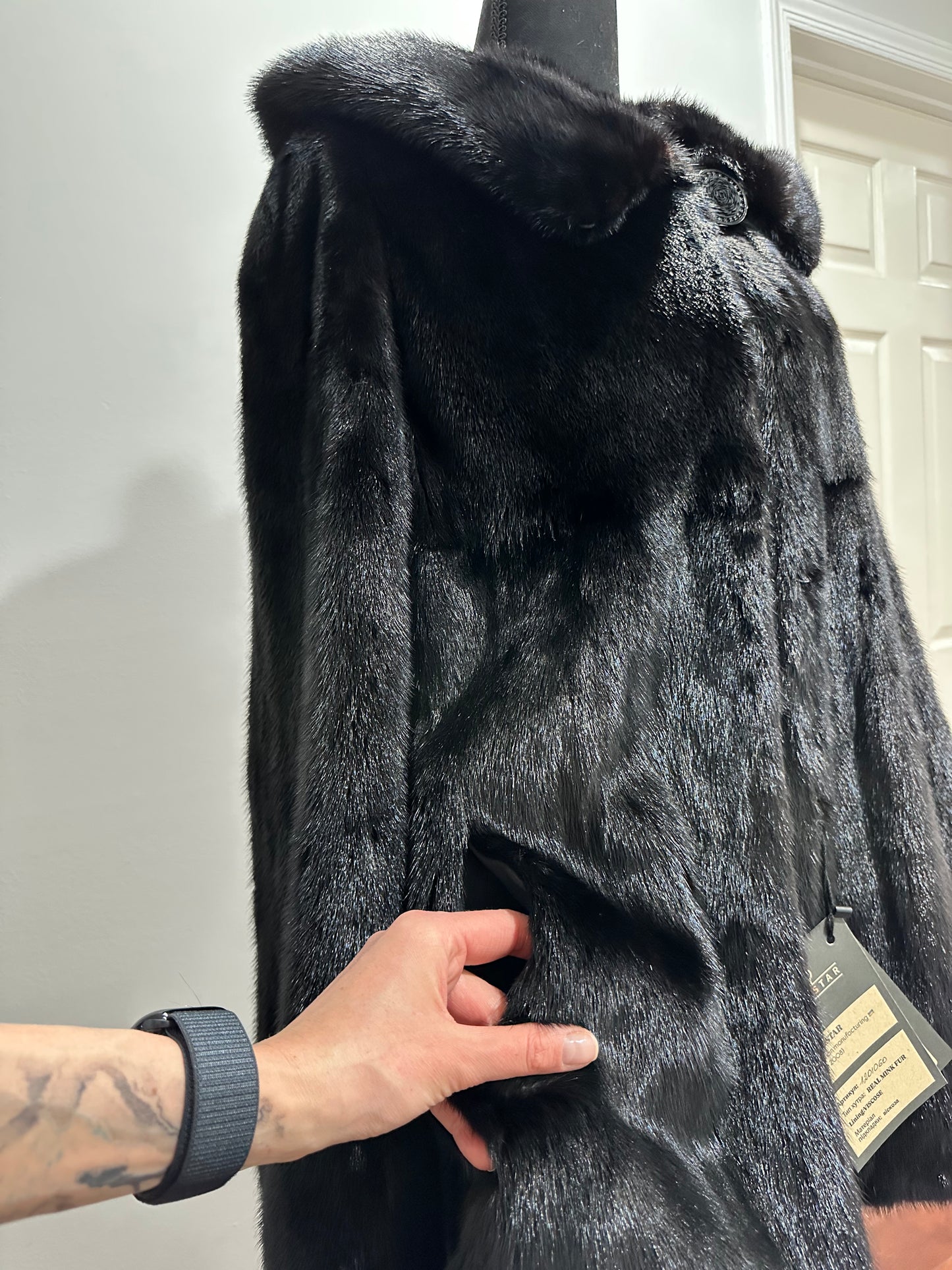 Women Real MINK FUR COAT JACKET 1201060 size M BLACK Hooded HOOD NEW