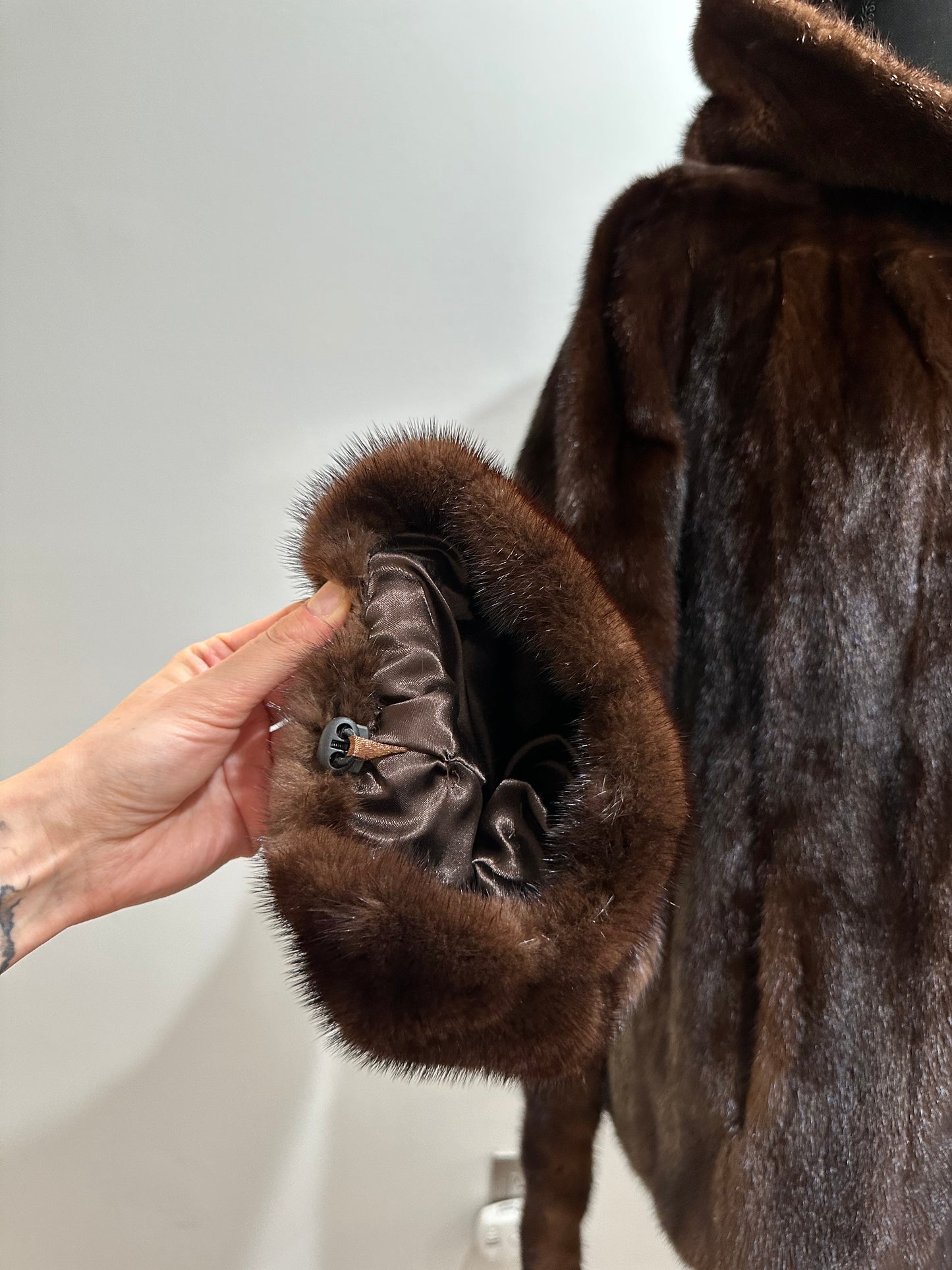 Luxury Womens Real 100% MINK FUR COAT 1201065 size L Hooded Jacket BROWN NATURAL